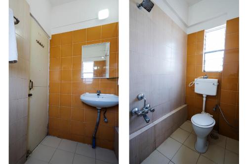 two pictures of a bathroom with a toilet and a sink at HMR Hotels - Hotel HMR Royal Inn in Pune