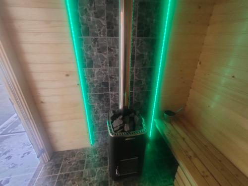 a green light in a room with a shower at Noclegi Gal in Odrowąż