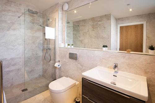 a bathroom with a toilet and a sink and a shower at Minety Lake 43, Green Haven in Somerford Keynes