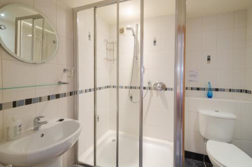a bathroom with a shower and a sink and a toilet at The Stables, Elterwater in Elterwater