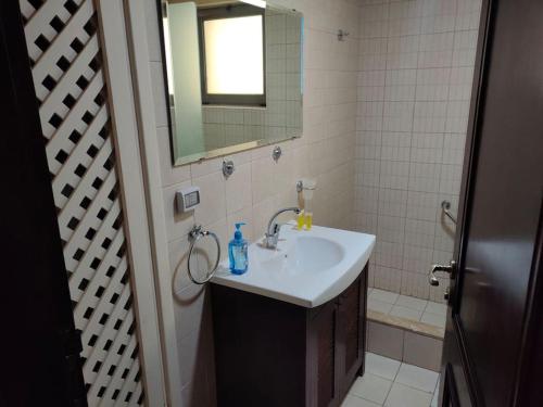 a bathroom with a sink and a mirror at Sun and beach apartment in Aqaba