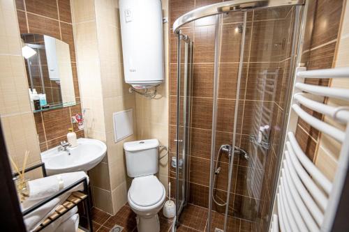 a bathroom with a toilet and a shower and a sink at Studio Stankovic Royal Towers 326 in Bansko