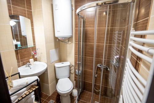 a bathroom with a toilet and a shower and a sink at Studio Stankovic Royal Towers 326 in Bansko