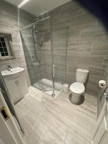 a bathroom with a shower and a toilet and a sink at Vale NKY Apartment Rooms in London