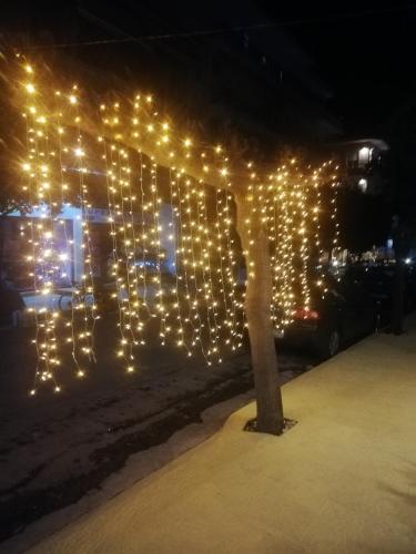 a tree with christmas lights on a fence at Penelope -Πηνελόπη in Loutra Edipsou