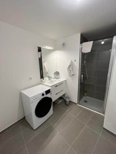 une salle de bain blanche avec lavabo et douche dans l'établissement LE PARADIS BLANC, à Annecy