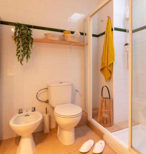 a bathroom with a toilet and a shower and a sink at Apartamento Ponent 6 in Cala Blanca
