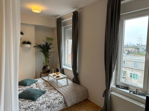 1 dormitorio con cama y ventana en The View and Design Studio, en Zagreb