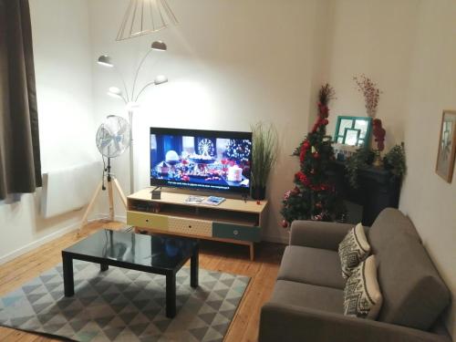 een woonkamer met een bank en een tv en een kerstboom bij Villa des Roses : Maison 3 chambres au calme, 7 pers, wifi in Le Havre