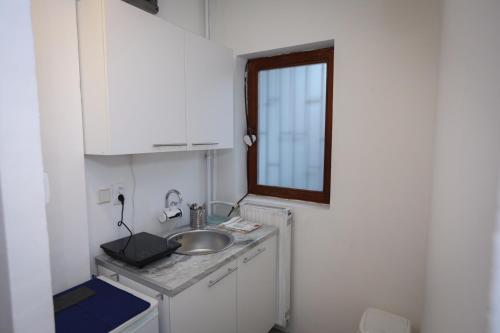 een kleine keuken met een wastafel en een raam bij Central Studio Apartman in Šabac