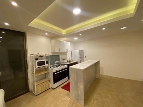 a kitchen with a stove and a microwave at The view II in Amman