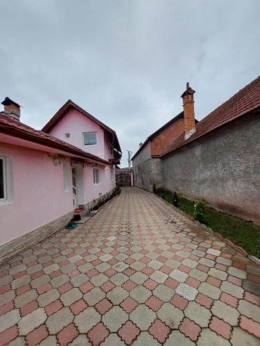 a cobblestone road between two buildings in a town at Maria's Dream House in Zărneşti