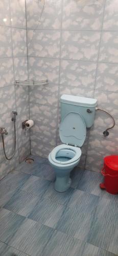 a bathroom with a blue toilet in a stall at Fernandes Bar and Restaurant in Canacona