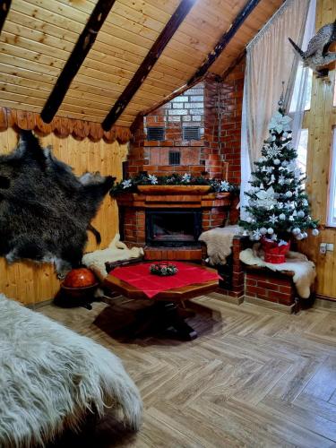 een woonkamer met een kerstboom en een open haard bij Căbănuța Cocoțată in Rucăr