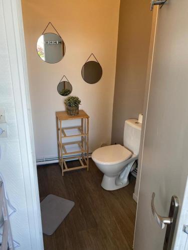 La salle de bains est pourvue de toilettes et d'une table avec une plante. dans l'établissement jolie studio, à Arras