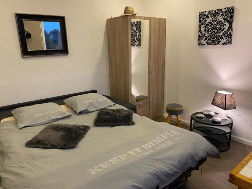 ein Schlafzimmer mit einem Bett mit zwei Kissen darauf in der Unterkunft jolie studio in Arras