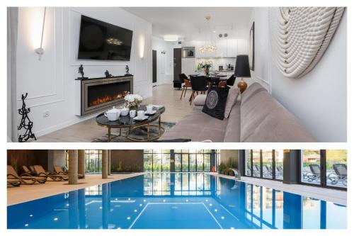 a living room and a swimming pool in a house at Apartament Baltini Premium Polanki Park in Kołobrzeg