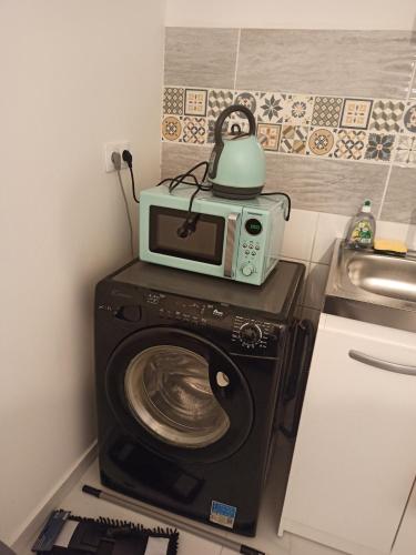 - un four micro-ondes installé au-dessus d'un lave-linge dans la cuisine dans l'établissement La tranquillité, à Vaujours