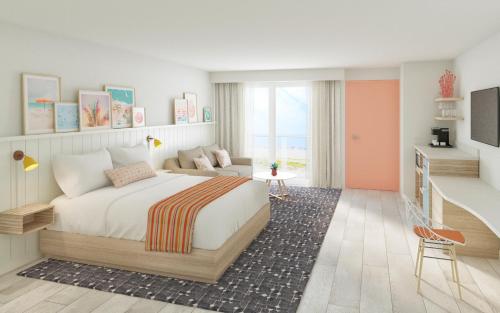 Madison Resort Wildwood Crest في وايلدوود كريست: غرفة نوم مع سرير وغرفة معيشة