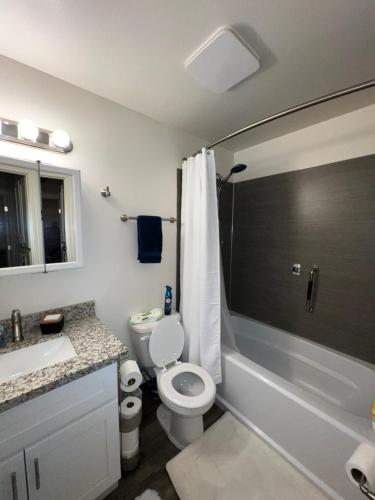 een badkamer met een toilet, een wastafel en een douche bij *NEWLY RENOVATED* COZY 2 BDRM ENTIRE APT in Tacoma