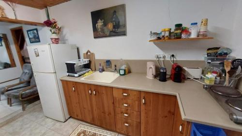 una cucina con frigorifero bianco e lavandino di אצל תיקי במושב a Sha'al