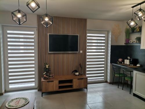 a living room with a television and a bar at Apartament Górska Szarotka in Nowy Targ