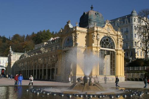 a building with a fountain in front of a building at Belvedere Wellness Hotel in Mariánské Lázně