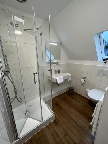 a bathroom with a glass shower and a sink at Hotel Clemens in Winterberg