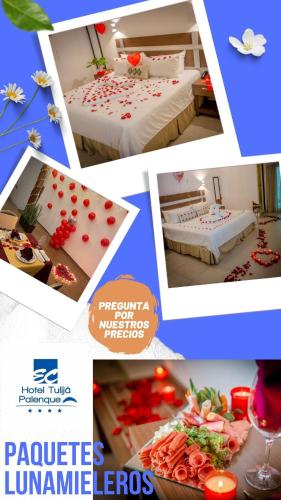 a collage of pictures of a room with a bed and flowers at Hotel Tulija Palenque in Palenque