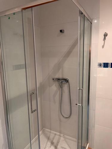 a shower with a glass door in a bathroom at Vinaros Coquet appartement vue mer in Vinaròs