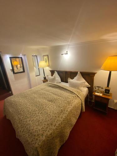 a hotel room with a large bed and two lamps at Apartamente Arcul de Triumf in Bucharest