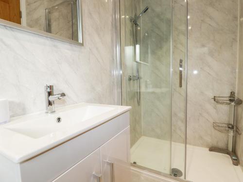パドストウにある6B The Mewsの洗面台とガラスのシャワーを備えたバスルーム