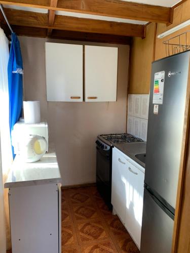 eine kleine Küche mit weißen Schränken und einem Kühlschrank in der Unterkunft Apartamento Patagonia Dove in Coihaique