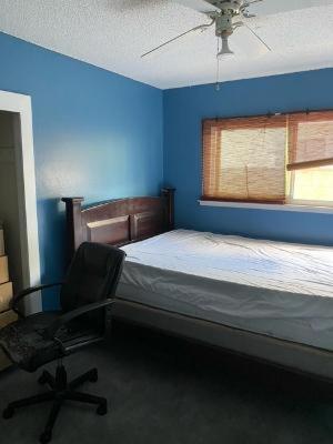 a blue bedroom with a bed and a chair at rooms available in single family house in Los Angeles