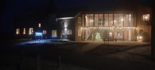 a building with christmas lights on it at night at Hof van Kleeberg in Mechelen