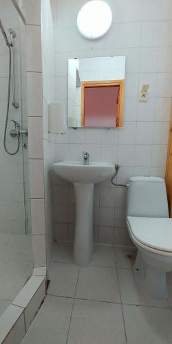 a bathroom with a sink and a toilet and a mirror at Schronisko PTTK na Jaworzynie Krynickiej in Krynica Zdrój