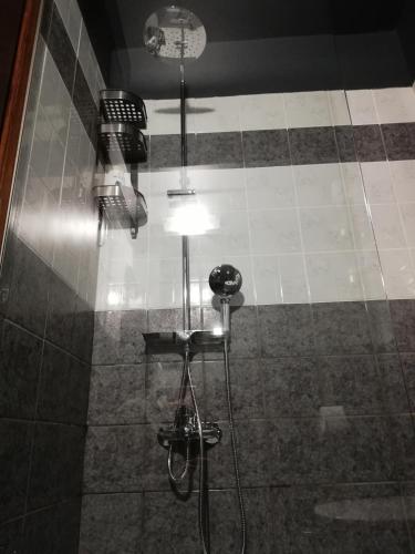 a bathroom with a shower with a light on it at Endless View Country House in Makrinítsa
