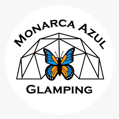 a butterfly sitting in a cage with the words morgana air camping at Monarca Azul Glamping in Villa de Leyva
