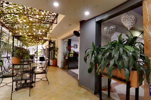 ein Esszimmer mit einem Tisch und einer Topfpflanze in der Unterkunft Hotel Casa Malibú in Medellín