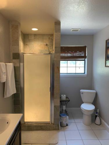 a bathroom with a shower and a toilet and a sink at Hill Country Hideout in Pipe Creek