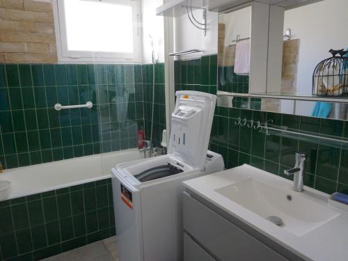 T3 60m² 6/7 pers à 50m des pistes, animaux acceptés, linge inclus hiver - FR-1-636-222 في أورسيير: حمام ذو بلاط أخضر مع حوض ومرآة