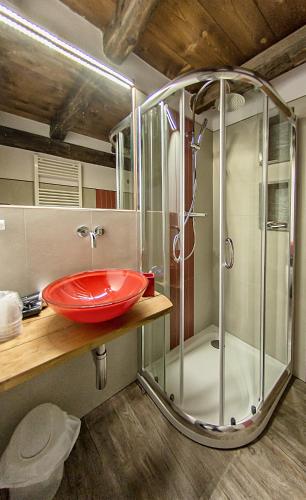 a bathroom with a red sink and a shower at Agriturismo Rivet d'Or in Pragelato