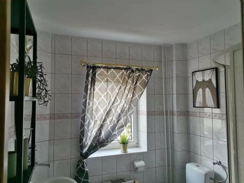 ein Bad mit einem Duschvorhang und einem Fenster in der Unterkunft Klimatyczny dom w Wąchocku in Wąchock
