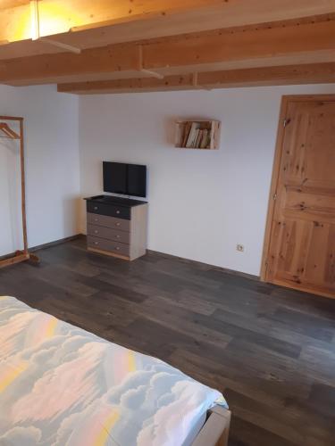 a room with a bed and a dresser and a door at Apartmány Roudnice in Jestrabi V Krkonosich
