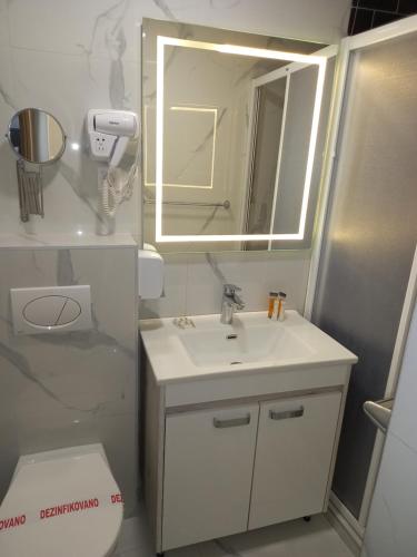 a bathroom with a sink and a mirror and a toilet at Prenoćište Srebrno Jezero in Veliko Gradište