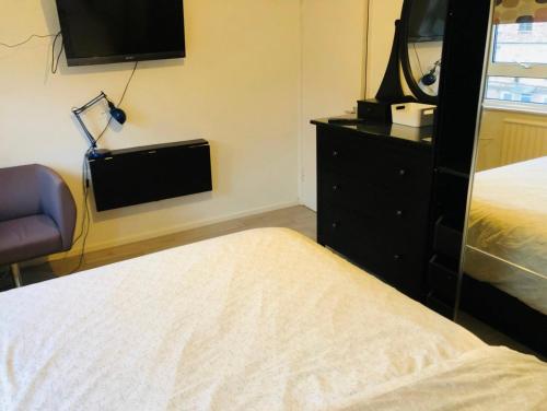 a bedroom with a bed and a dresser and a tv at Nice Double Room London Rental in London