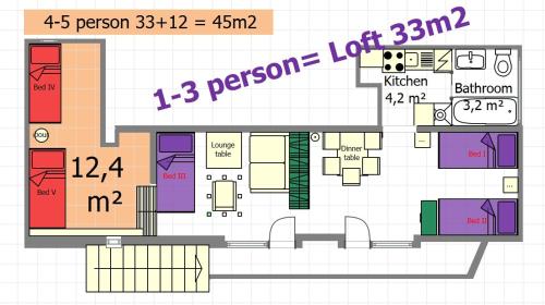 Zurich Airport Apartment Loft 45m2 free Parking, Airport Drive Service, separate Kitchenの見取り図または間取り図