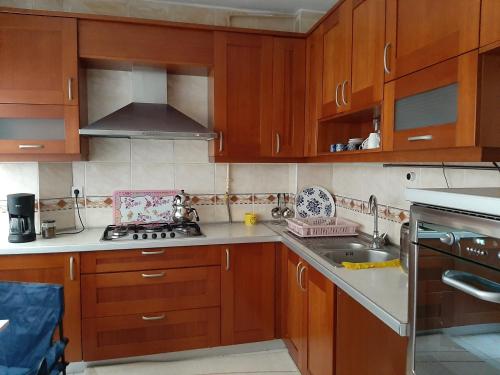 eine Küche mit Holzschränken und einem Waschbecken in der Unterkunft Private Room in Istanbul #17 in Istanbul