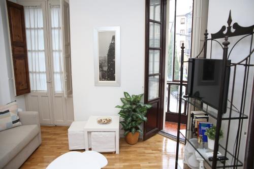Una sala de estar con televisión y un sofá. en Central Market 2 habitaciones by Salamancavacacional, en Salamanca