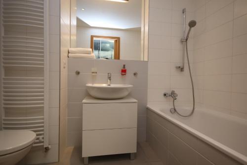 een badkamer met een wastafel, een bad en een toilet bij Apartmán Medvědín 100 in Špindlerův Mlýn